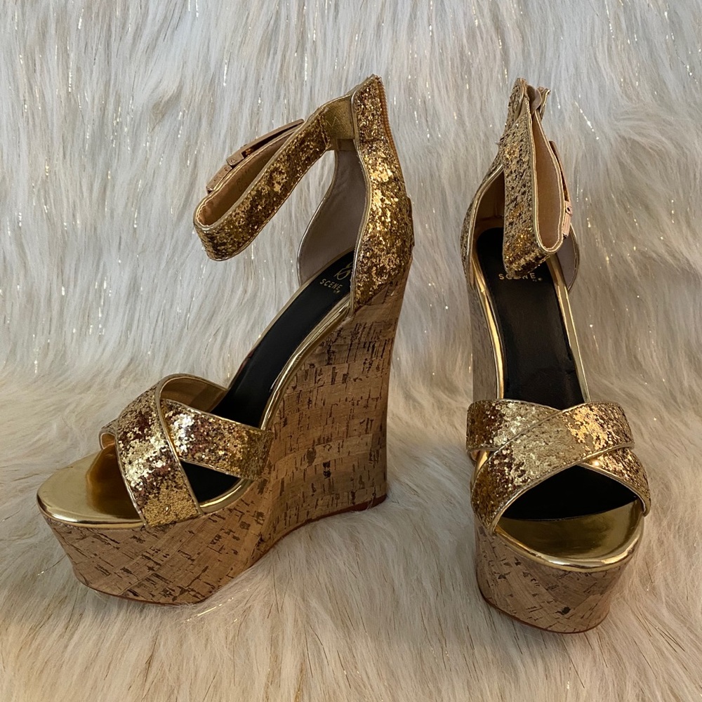 NEW Sexy CORK GOLD Rayleen Sequence wedges, Zips, Absolutely GORGEOUS